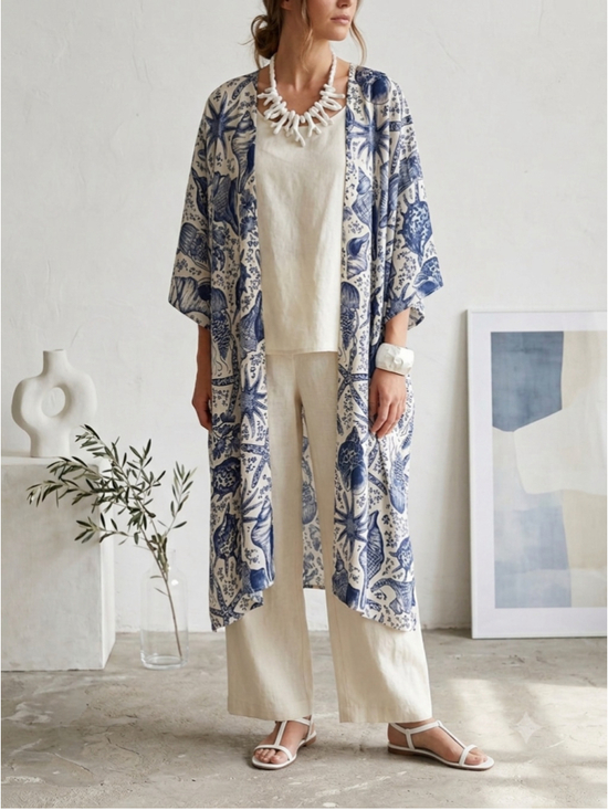 Jules & Renee Other - NWT Attitudes by Renee Kimono Duster Cardigan L Shell Seashell Blue White Coasta